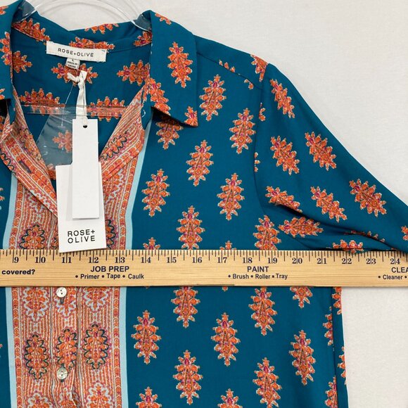 New Rose & Olive Large Blue Orange Boho Print Soft Flowy Long Sleeve Button Up - Picture 7 of 12